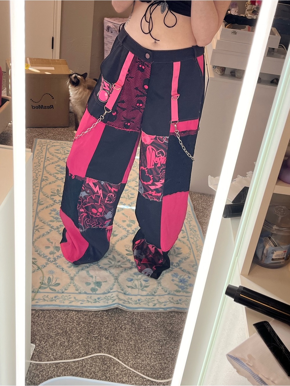 Striped Patchwork Wide-Leg Pants - Pink & Black
